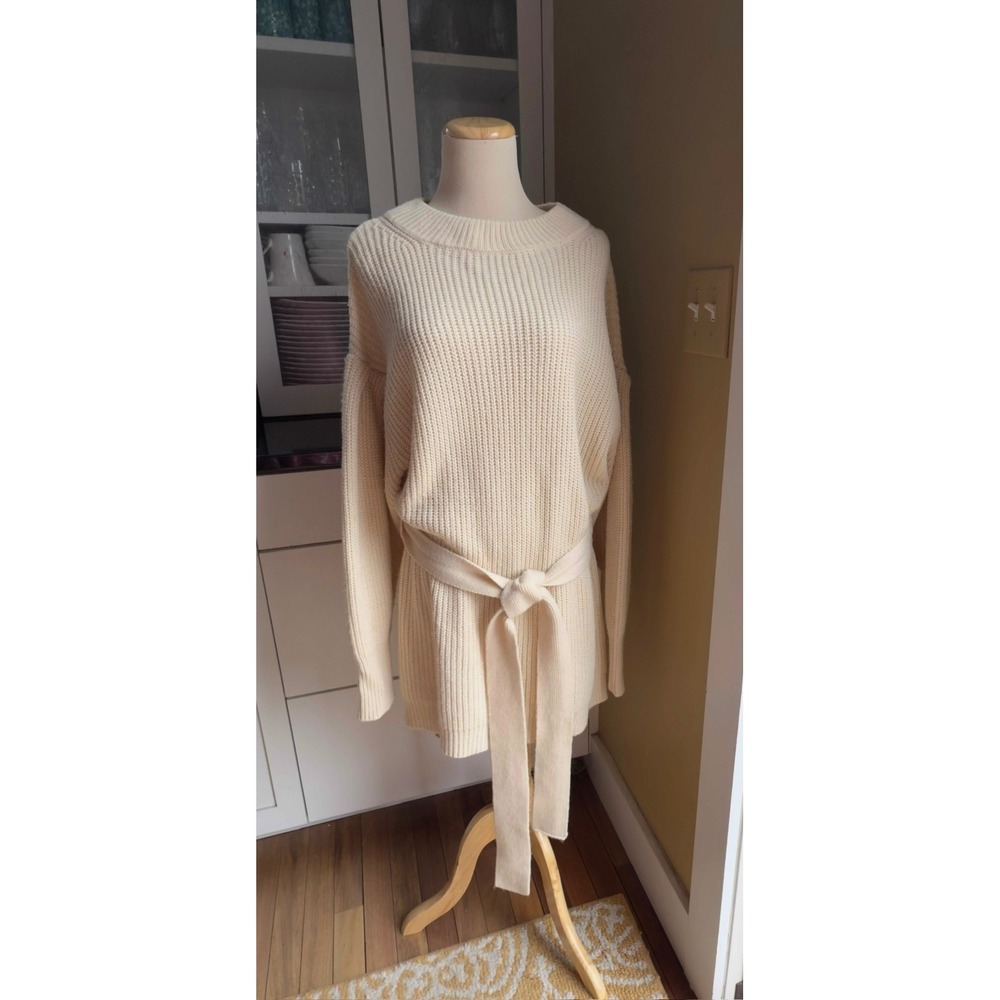Flying Tomato Cream Chunky Ribbed Knit Sweater Dress with Tie Belt ISW4921 Small